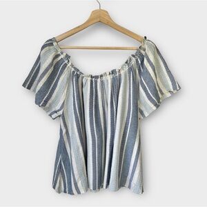 Faherty Annabelle Textured Cotton Ruched Linen Top in Navy Stripe, size S